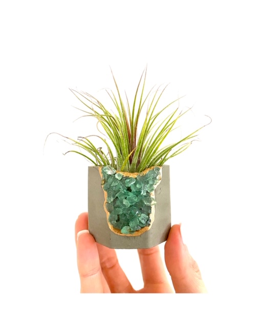 Green Gemstone Geode Concrete Planter with Air Plant - Octagon picture