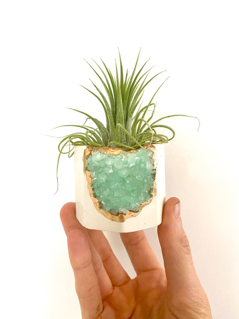 White Geode Planter with Green Gemstones and Air Plant - Octagon