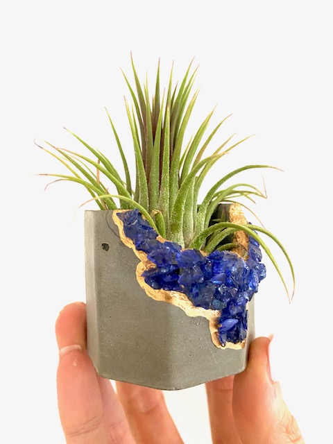 Blue Gemstone Geode Concrete Planter with Air Plant - Octagon picture