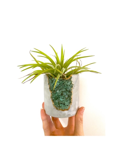 Green Gemstone Concrete Planter with Air Plant - Large Round