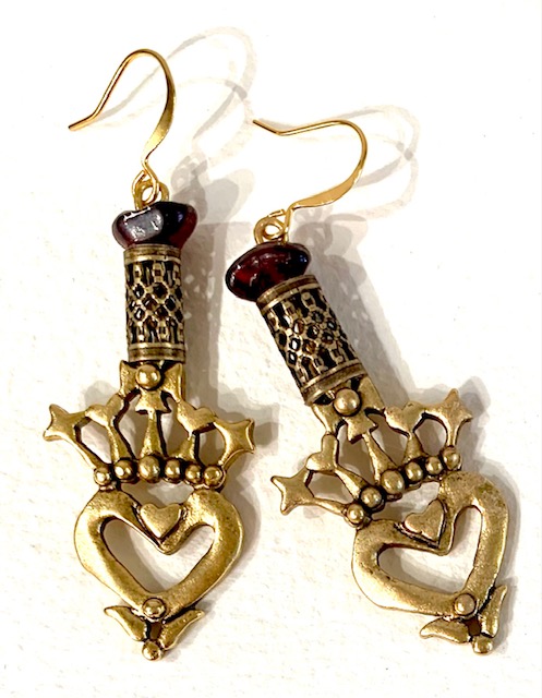 Gold Bronze Heart & Crown Earrings