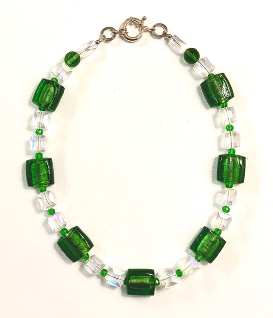 Handblown Clear Crystal and Kelly Green Necklace