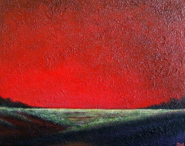 Abstract Minimalist landscape original acrylic painting "Ruby Sunset", 20x16x1