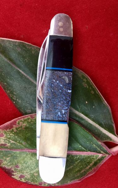 BLUE GEM BONE with BLACK ONYX and MAMMOTH TUSK Accents on a Whittler Knife