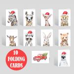 CARDS, Ten Baby Animal Watercolor Christmas and New Years Folding Greeting Cards