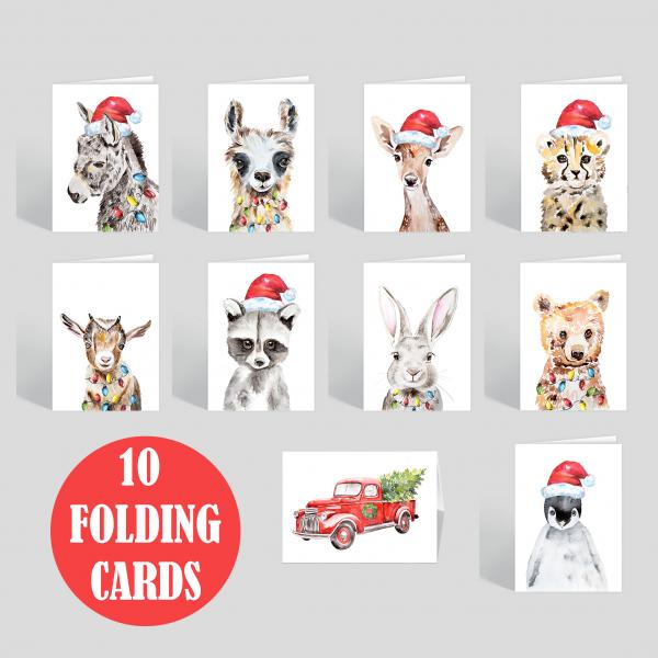 CARDS, Ten Baby Animal Watercolor Christmas and New Years Folding Greeting Cards