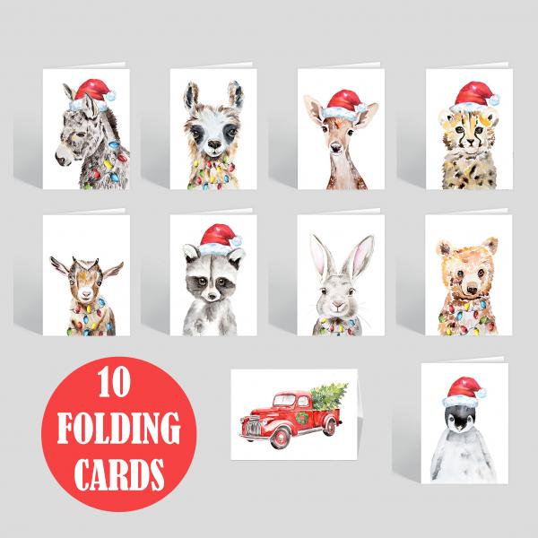 CARDS, Ten Baby Animal Watercolor Christmas and New Years Folding Greeting Cards picture