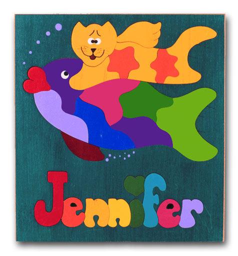 "Kitty Cat and Fish Puzzle" (Order as a Stock Puzzle, Name Puzzle or Name Puzzle Stool) picture