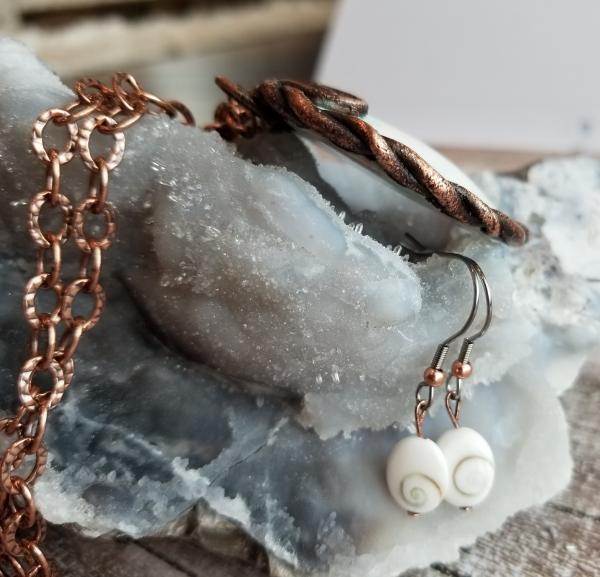 Copper and Fossil Shiva Shell Electroformed Pendant and Earrings Set picture