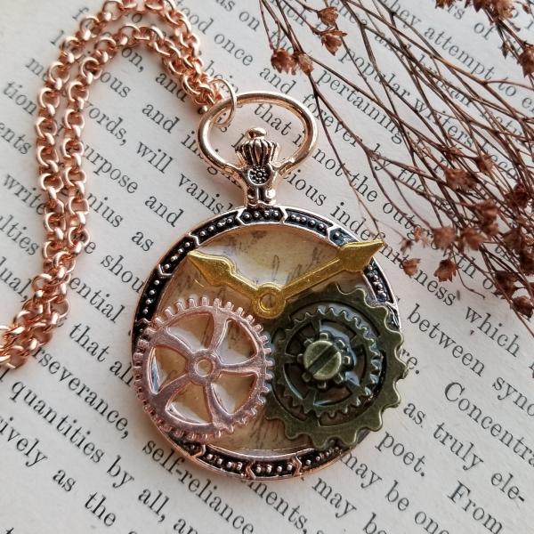 Steampunk Copper, Gold, & Antique Bronze Gears in Resin in Vintage Watch Shaped Pendant picture