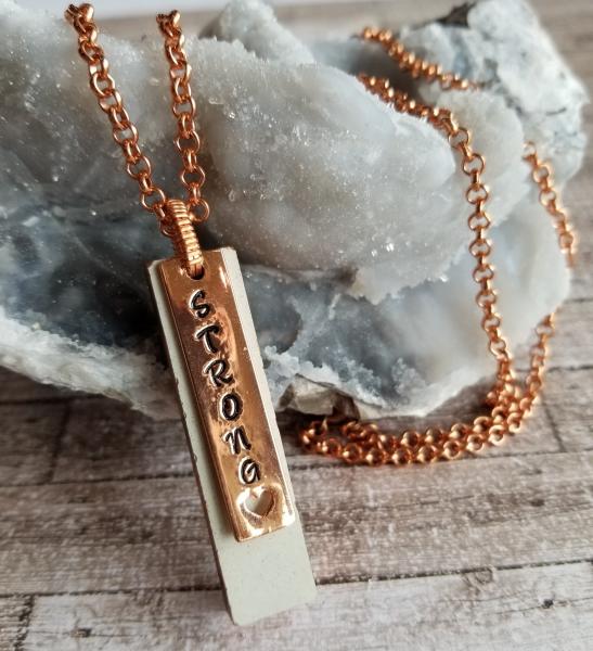 Concrete Pendant with Rose Gold "Strong" Charm and Copper Chain picture