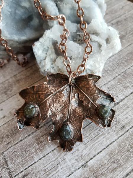 Real Fallen Large Maple Leaf in Copper Electroformed with Labradorite Gems on Chunky Chain picture