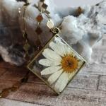 Real Daisy Preserved in Resin inside Antique Brass Frame