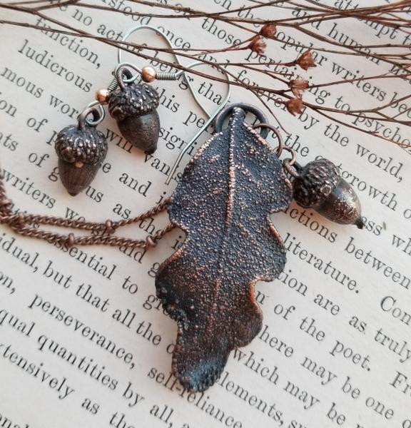 Real Oak Leaf and Acorns Electroformed with Copper - Pendant and Earrings Set picture