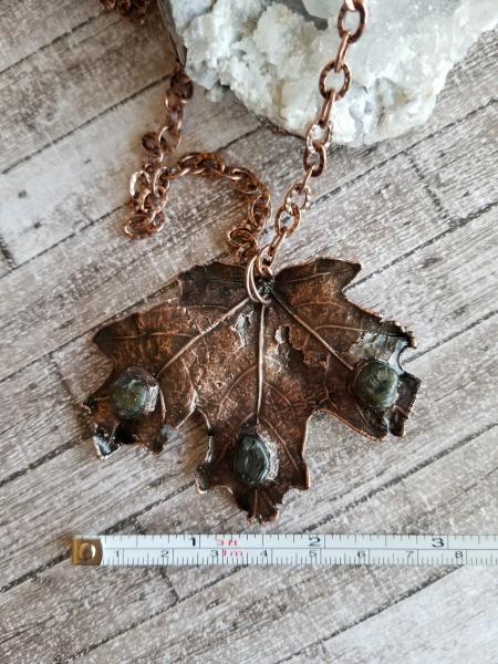 Real Fallen Large Maple Leaf in Copper Electroformed with Labradorite Gems on Chunky Chain picture