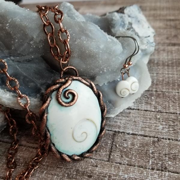 Copper and Fossil Shiva Shell Electroformed Pendant and Earrings Set picture