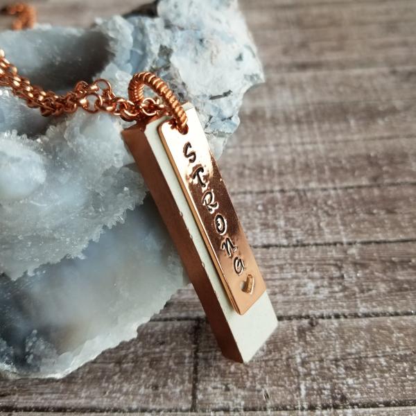 Concrete Pendant with Rose Gold "Strong" Charm and Copper Chain picture