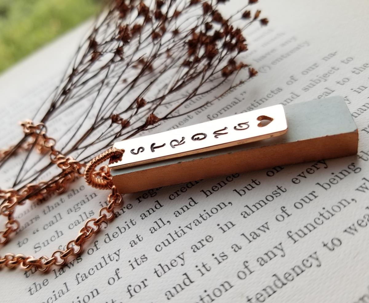 Concrete Pendant with Rose Gold "Strong" Charm and Copper Chain picture