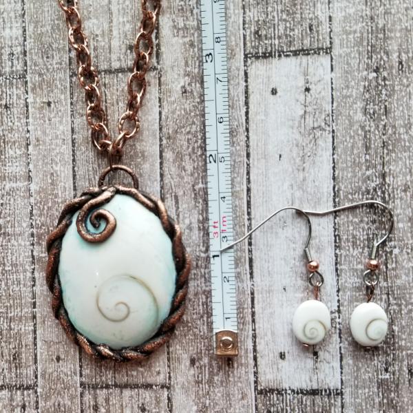 Copper and Fossil Shiva Shell Electroformed Pendant and Earrings Set picture