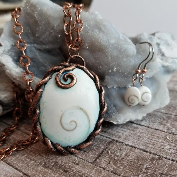 Copper and Fossil Shiva Shell Electroformed Pendant and Earrings Set picture