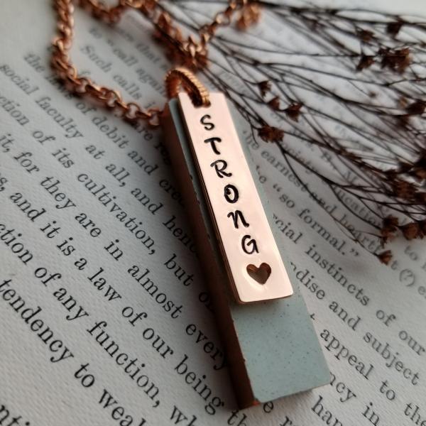 Concrete Pendant with Rose Gold "Strong" Charm and Copper Chain