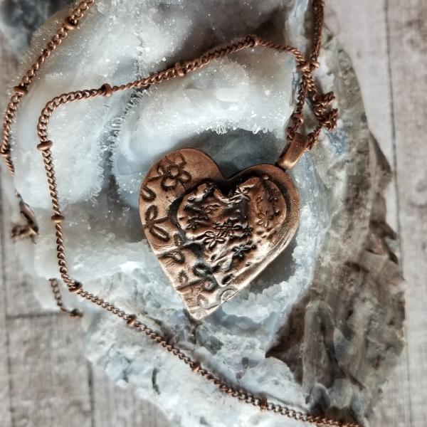 Solid Copper Flower Heart on Heart Necklace picture