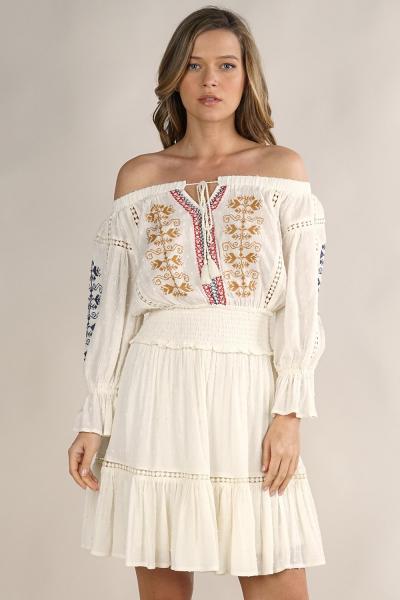 Embroidered Off The Shoulder Mini Dress, Off White