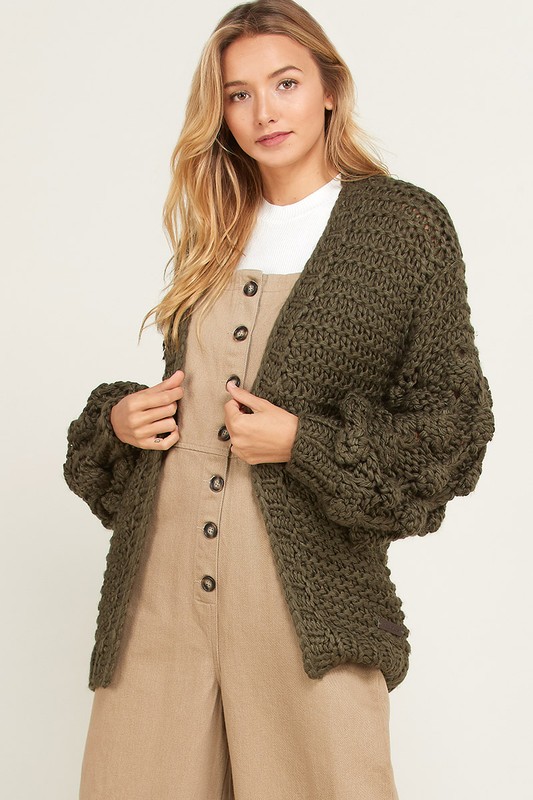 Sage Popcorn Sleeve Cardigan Sweater