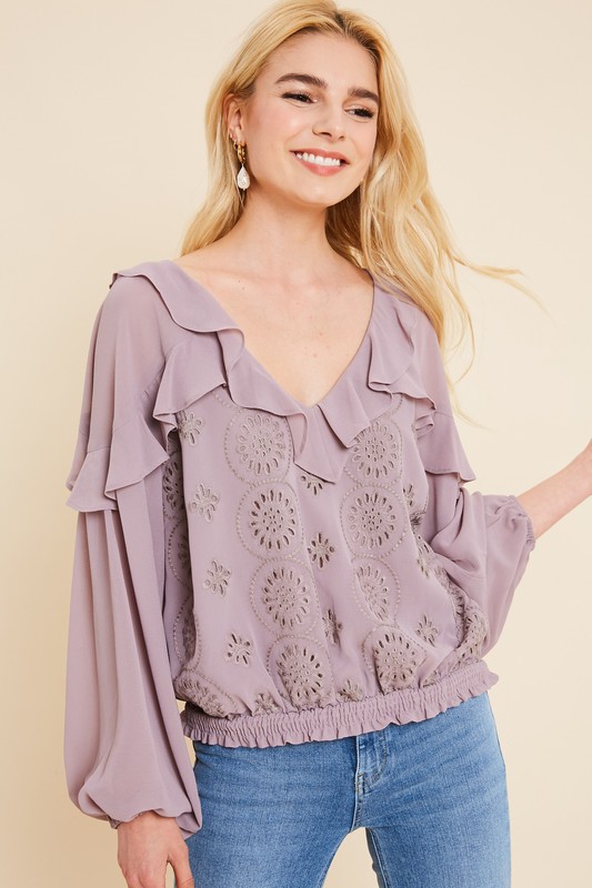 Eyelet Ruffle Blouse, Lavender picture
