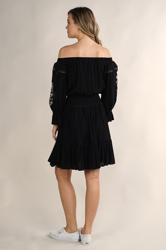 Embroidered Off The Shoulder Mini Dress, Black picture