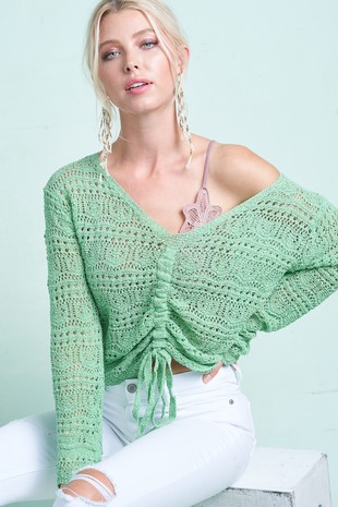 Ruched V-Neck Crochet Sweater, blush only