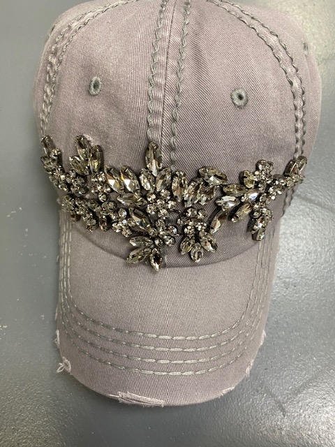 Glitz Floral Spray Distressed Hat, Light Gray