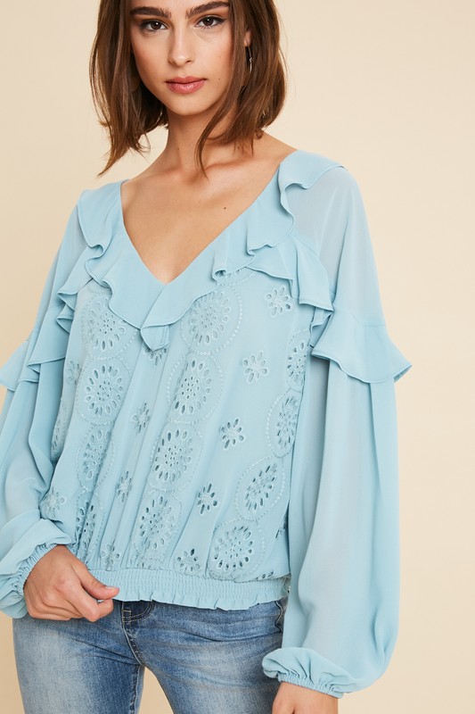 Eyelet Ruffle Blouse, Medium Blue picture