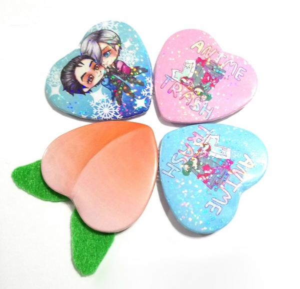 Y o.i Peach Anime Trash 2.25" Holo Heart buttons picture