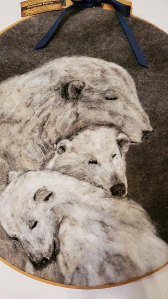 "Polar Family" Needle Felt artwork, Polar bear artpiece made entirely from our own alpaca and sheeps wool, framed in quilting hoop picture