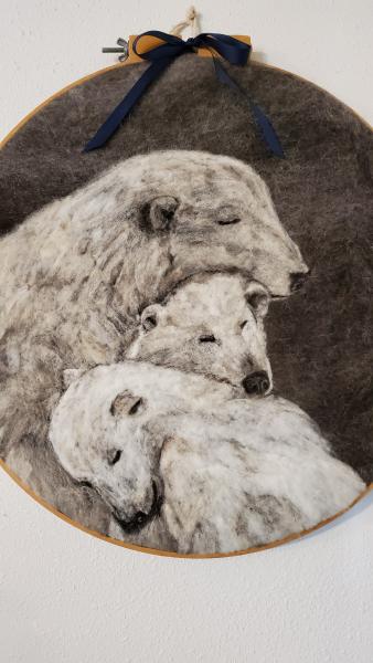 "Polar Family" Needle Felt artwork, Polar bear artpiece made entirely from our own alpaca and sheeps wool, framed in quilting hoop picture