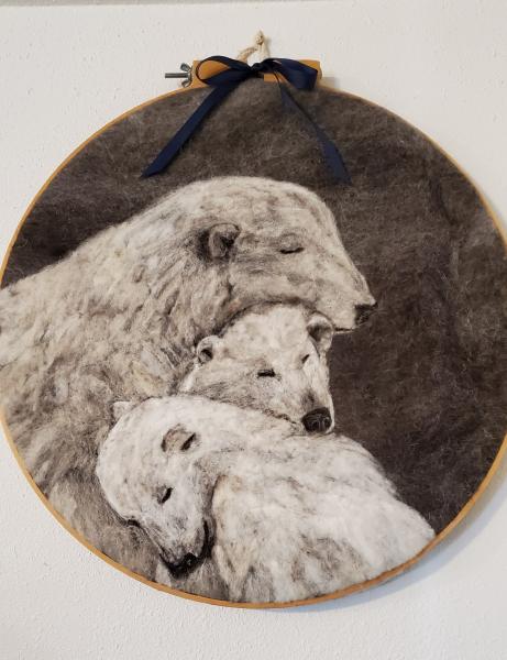 "Polar Family" Needle Felt artwork, Polar bear artpiece made entirely from our own alpaca and sheeps wool, framed in quilting hoop picture