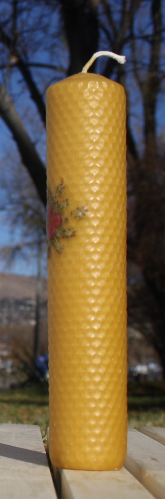 Beeswax candle with pressed flowers tall pillar picture