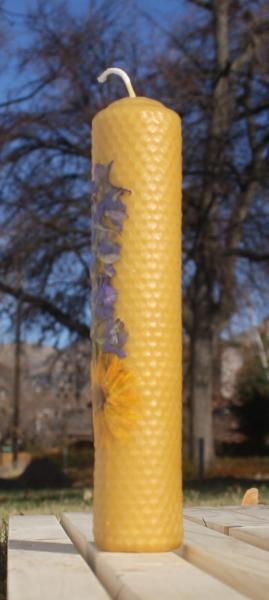 Beeswax candle with pressed flowers tall pillar picture