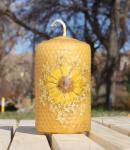 Beeswax candle with pressed flowers short pillar