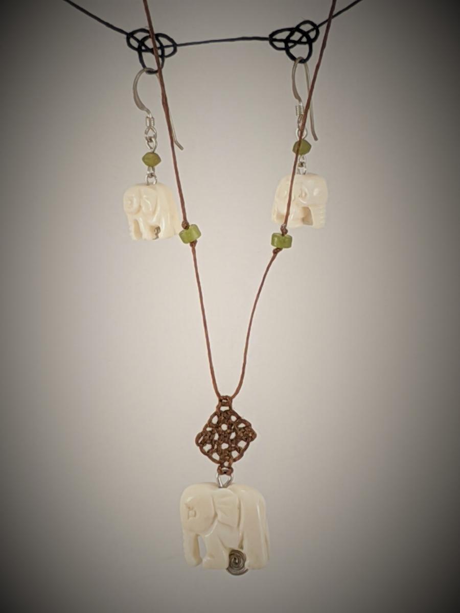Carved Bone Elephant Necklace Earring Set picture