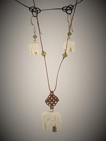 Carved Bone Elephant Necklace Earring Set picture