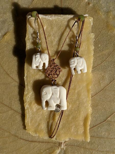 Carved Bone Elephant Necklace Earring Set
