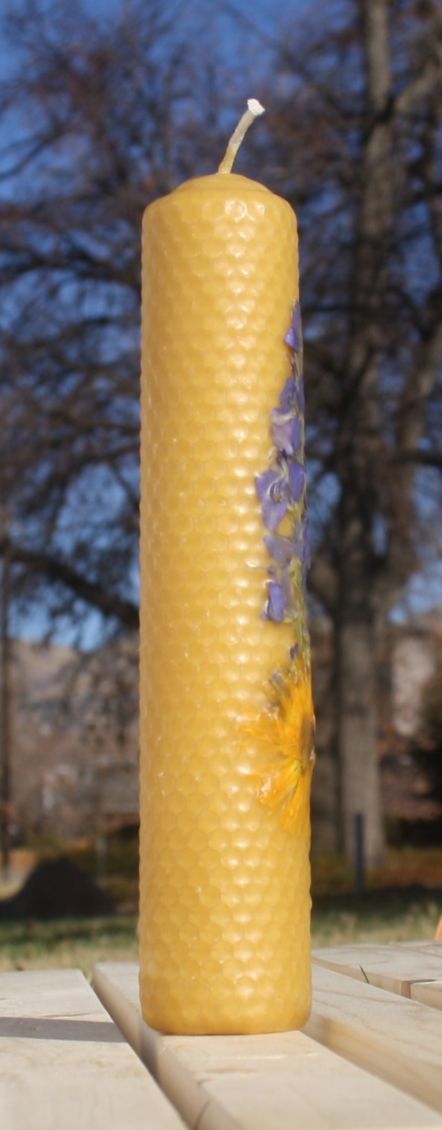 Beeswax candle with pressed flowers tall pillar picture