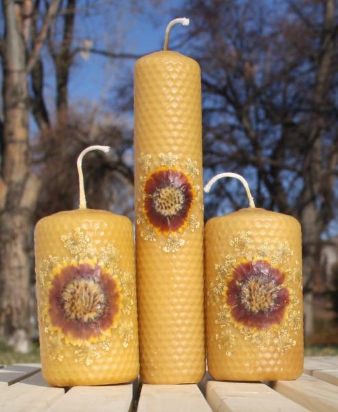 Beeswax candle with pressed flowers set of 3