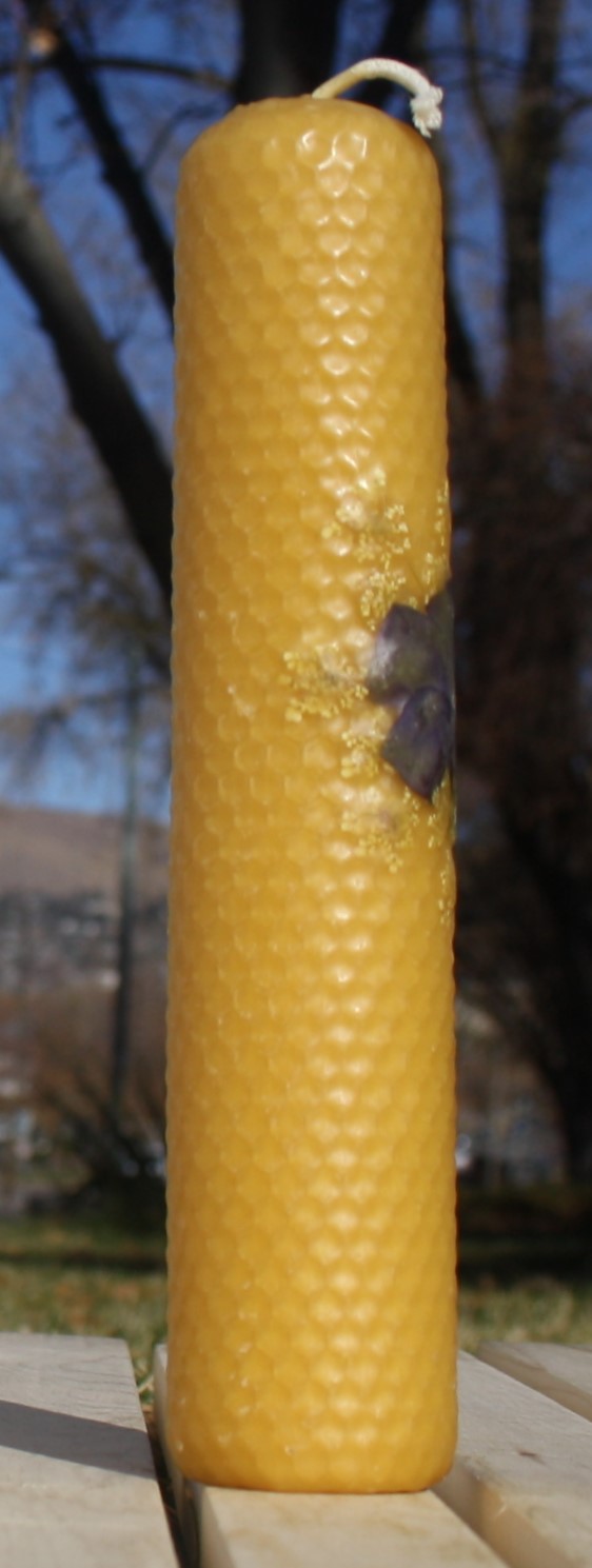 Beeswax candle with pressed flowers tall pillar picture