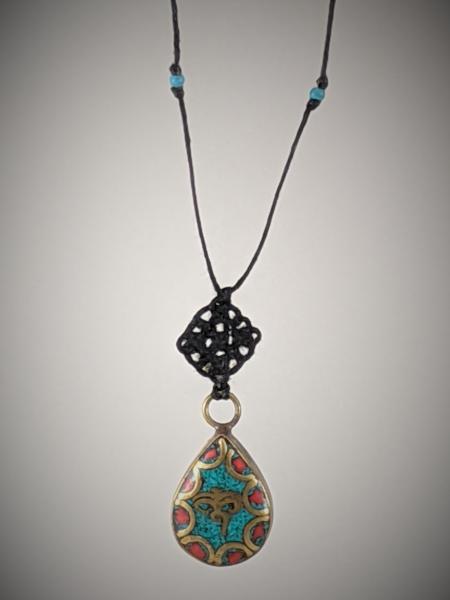 Tibetan Metal Work Inlay Buddhas Eyes with Turquoise and Coral Celtic Knot Necklace picture
