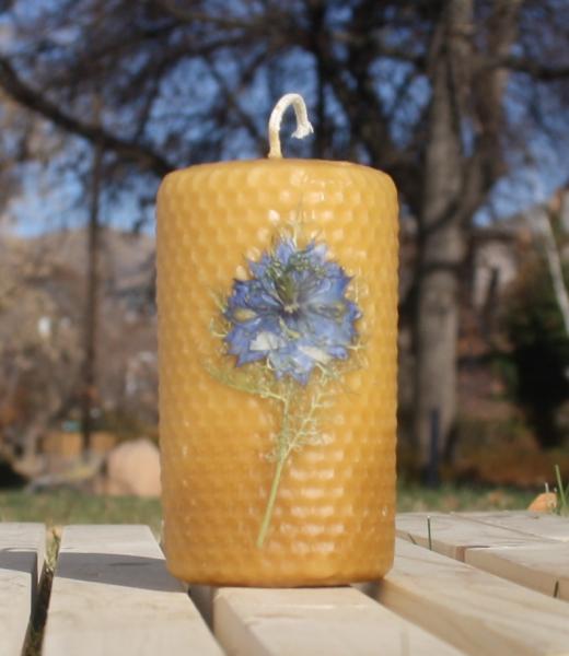 Beeswax candle with pressed flowers short pillar