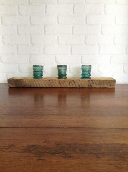 1800s Barnwood Tealight Holder with Antique Glass Insulators picture