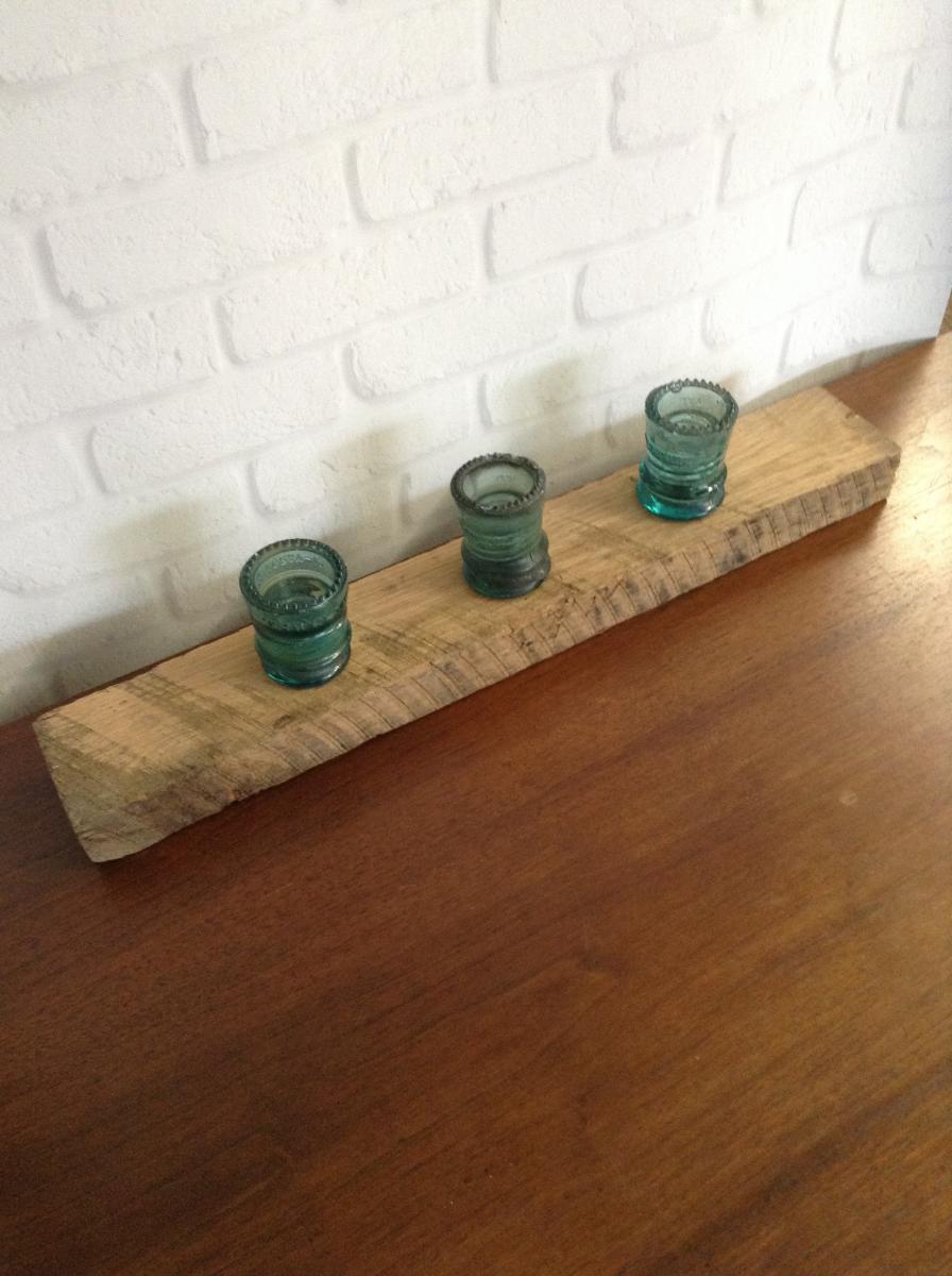 1800s Barnwood Tealight Holder with Antique Glass Insulators picture